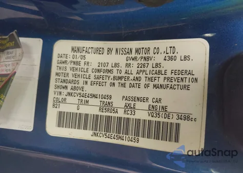 2005 Infiniti G35 z USA, uszkodzony, nr VIN JNKCV54E45M410459